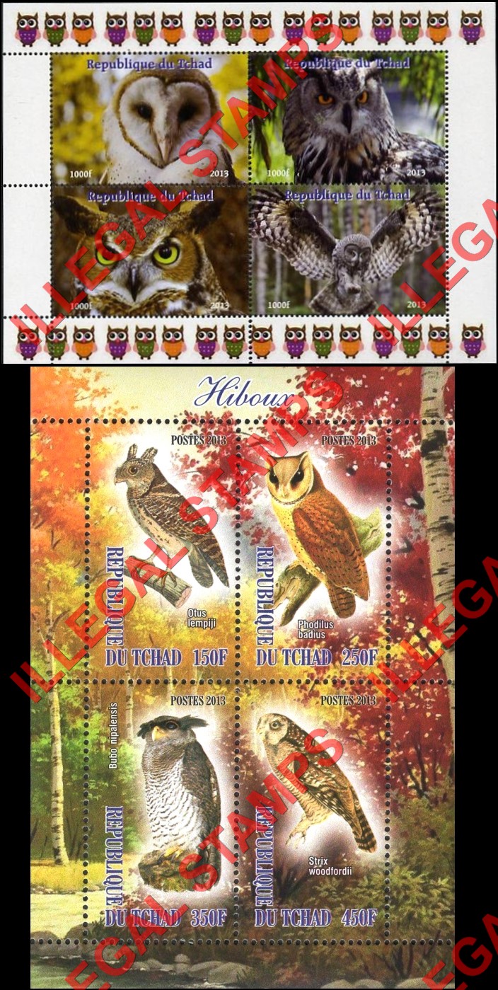 Chad 2013 Owls Illegal Stamps in Souvenir Sheets of 4