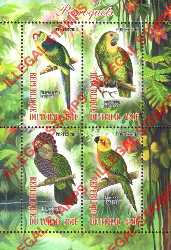 Chad 2013 Parrots Illegal Stamps in Souvenir Sheet of 4