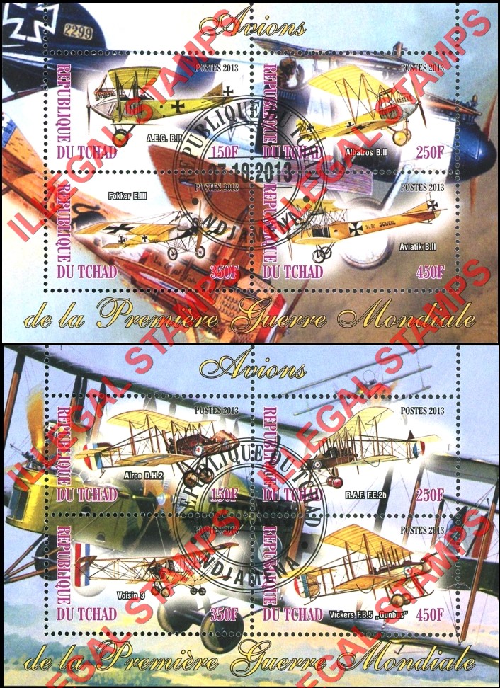 Chad 2013 World War I Fighter Planes Illegal Stamps in Souvenir Sheets of 4