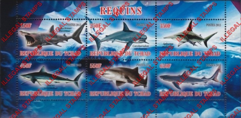 Chad 2013 Sharks Illegal Stamps in Souvenir Sheet of 6