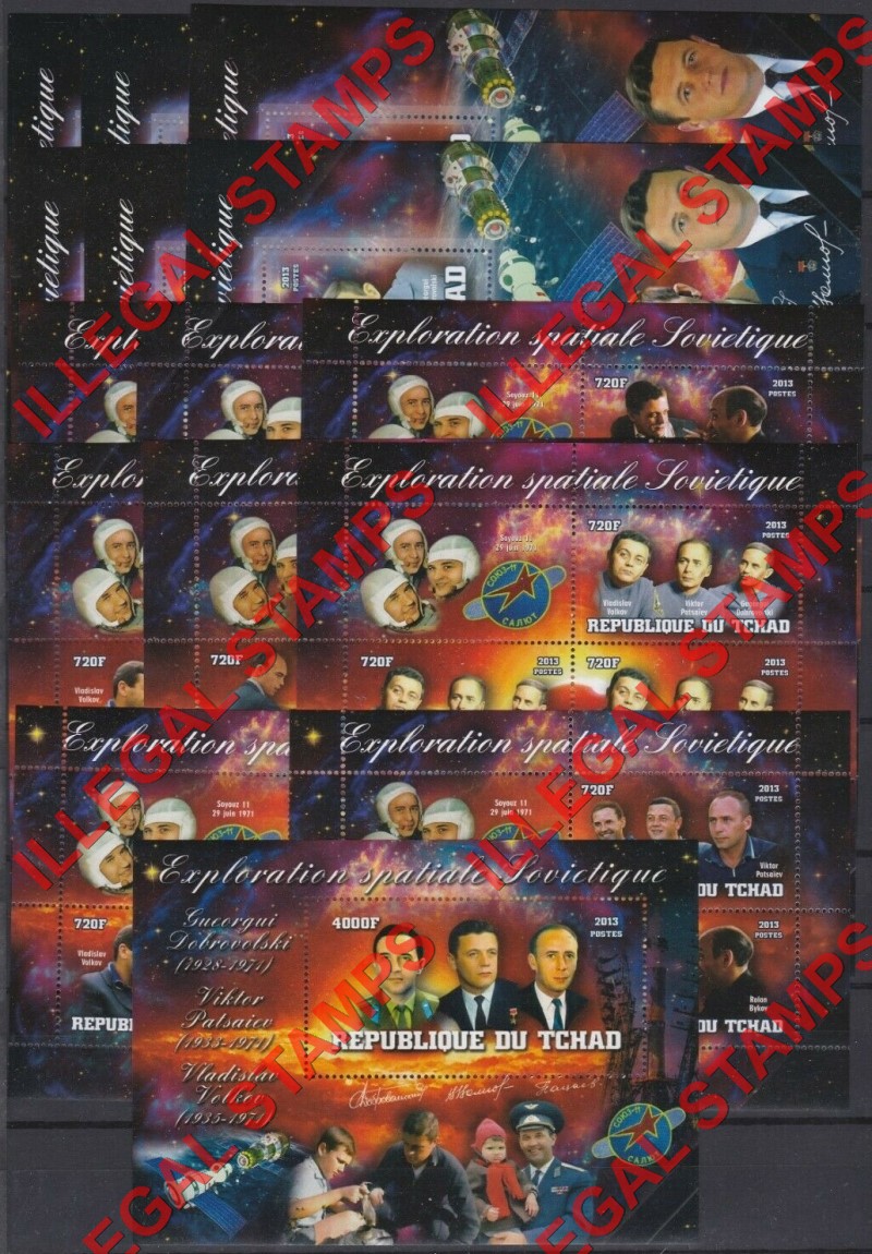 Chad 2013 Soviet Space Exploration Soyuz 11 Dobrovolsky and Volkov Illegal Stamps in Souvenir Sheets of 6 and 1