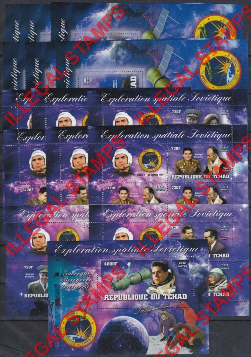 Chad 2013 Soviet Space Exploration Soyuz 3 Beregovoy Illegal Stamps in Souvenir Sheets of 6 and 1