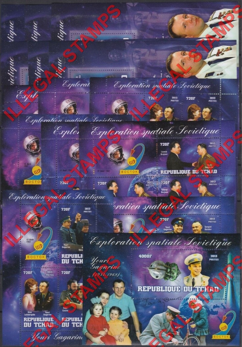 Chad 2013 Soviet Space Exploration Vostok Gagarine Illegal Stamps in Souvenir Sheets of 6 and 1