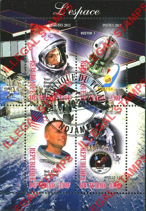 Chad 2013 Space Vostok 1 Gagarine Apollo 11 Armstrong Illegal Stamps in Souvenir Sheet of 4