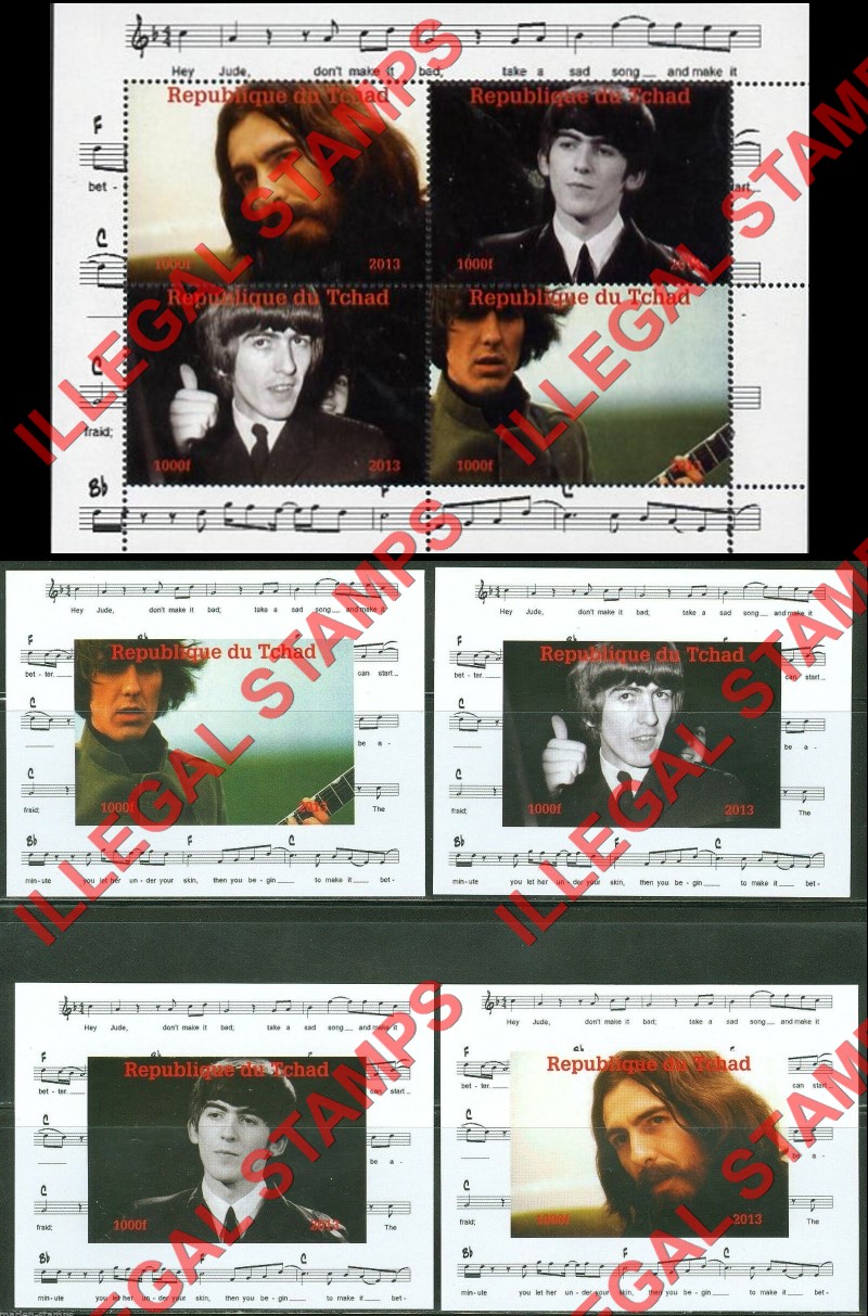 Chad 2013 The Beatles George Harrison Illegal Stamps in Souvenir Sheet of 4 and Deluxe Souvenir Sheets of 1