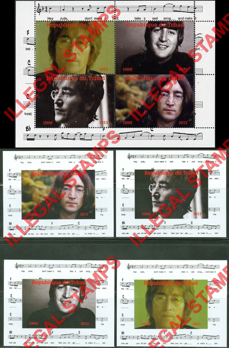 Chad 2013 The Beatles John Lennon Illegal Stamps in Souvenir Sheet of 4 and Deluxe Souvenir Sheets of 1