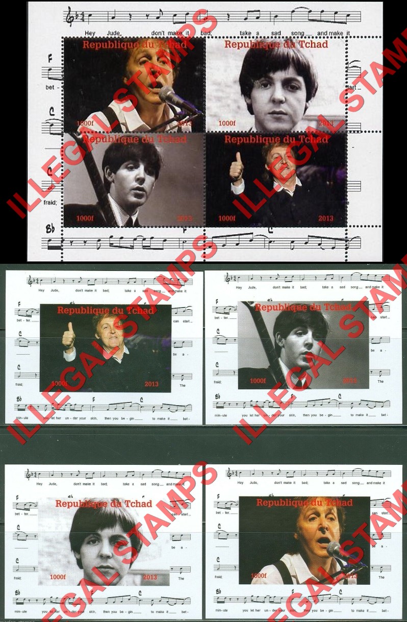 Chad 2013 The Beatles Paul McCartney Illegal Stamps in Souvenir Sheet of 4 and Deluxe Souvenir Sheets of 1