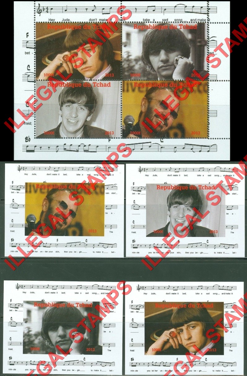 Chad 2013 The Beatles Ringo Starr Illegal Stamps in Souvenir Sheet of 4 and Deluxe Souvenir Sheets of 1