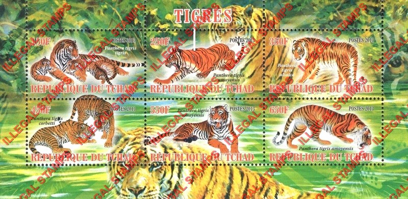 Chad 2013 Tigers Illegal Stamps in Souvenir Sheet of 6