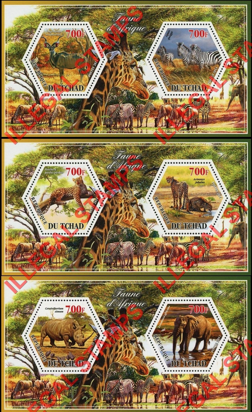 Chad 2014 African Fauna Animals Illegal Hexagon Stamps in Souvenir Sheets of 2