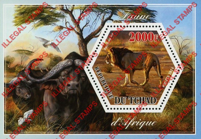 Chad 2014 African Fauna Animals Illegal Hexagon Stamps in Souvenir Sheet of 1