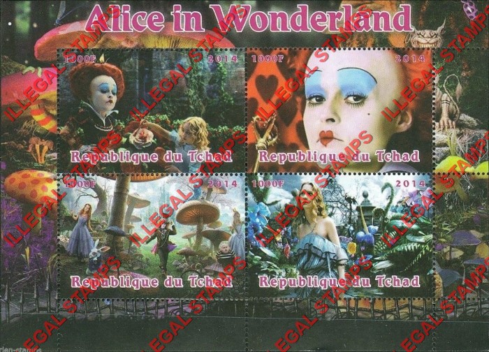 Chad 2014 Alice in Wonderland Illegal Stamps in Souvenir Sheet of 4