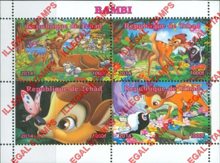 Chad 2014 Bambi Illegal Stamps in Souvenir Sheet of 4