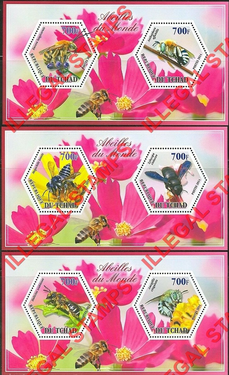 Chad 2014 Bees Illegal Hexagon Stamps in Souvenir Sheets of 2