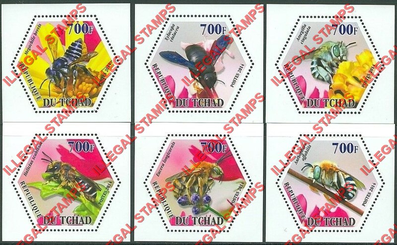 Chad 2014 Bees Illegal Hexagon Stamps in Deluxe Souvenir Sheets of 1