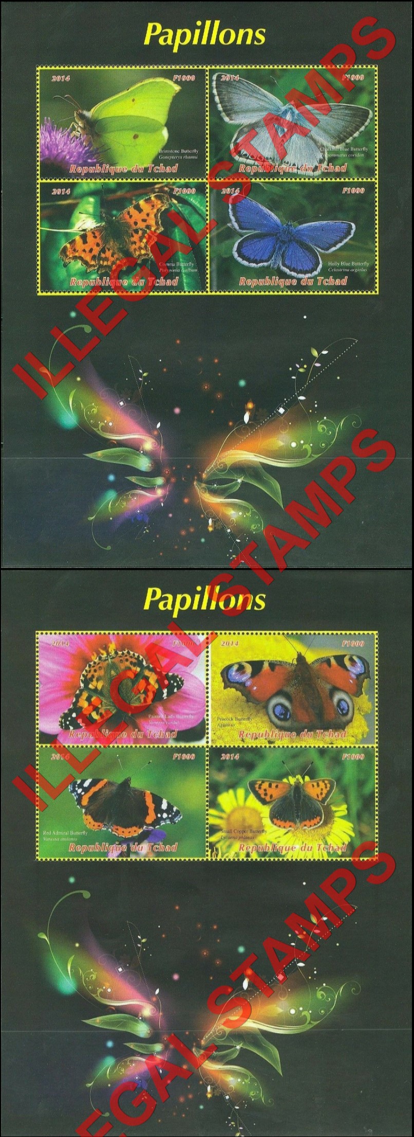Chad 2014 Butterflies Illegal Stamps in Large Souvenir Sheets of 4