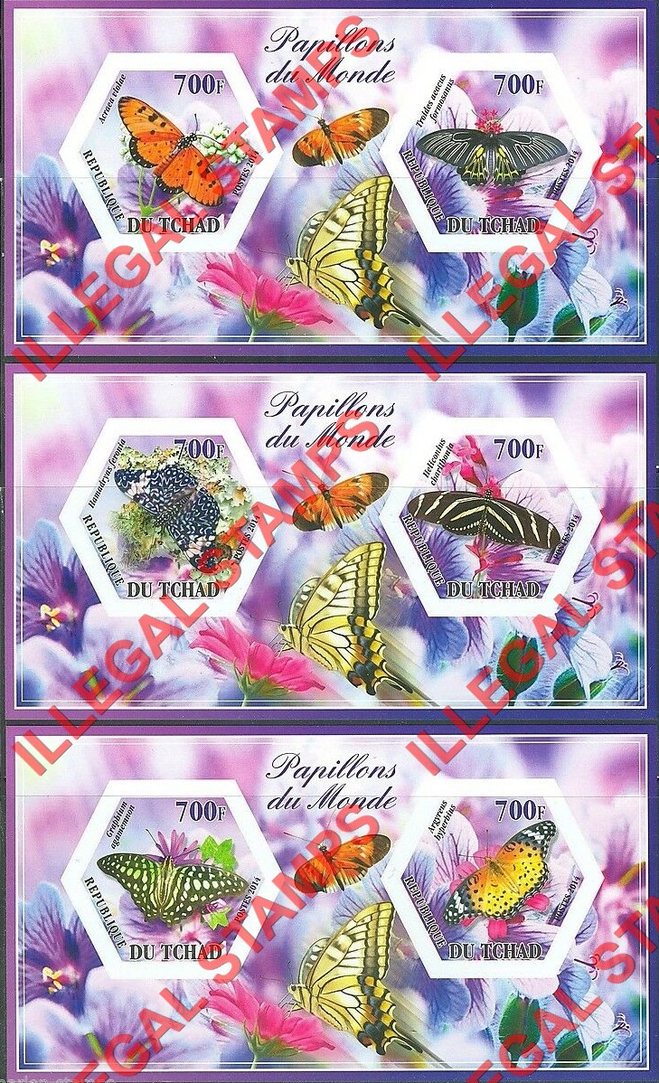 Chad 2014 Butterflies Illegal Hexagon Stamps in Souvenir Sheets of 2