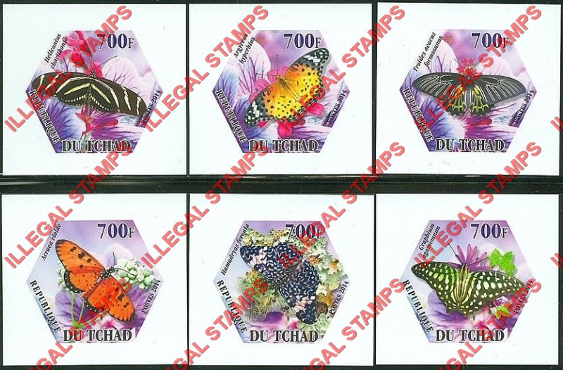 Chad 2014 Butterflies Illegal Hexagon Stamps in Deluxe Souvenir Sheets of 1