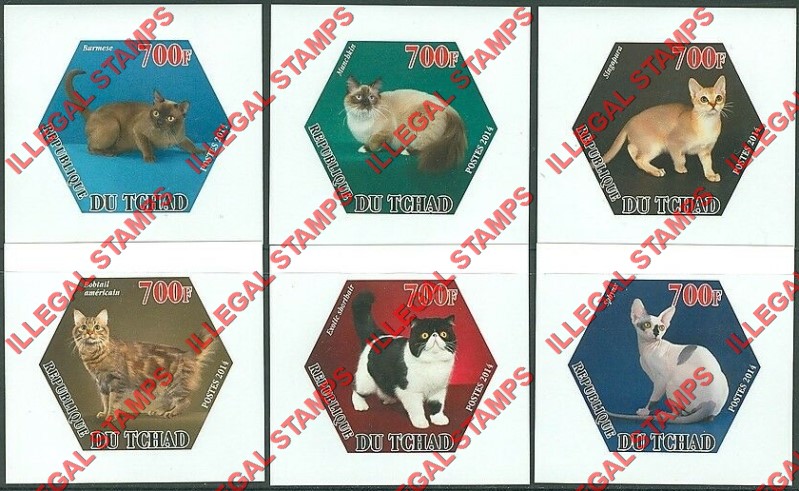 Chad 2014 Cats Illegal Hexagon Stamps in Deluxe Souvenir Sheets of 1