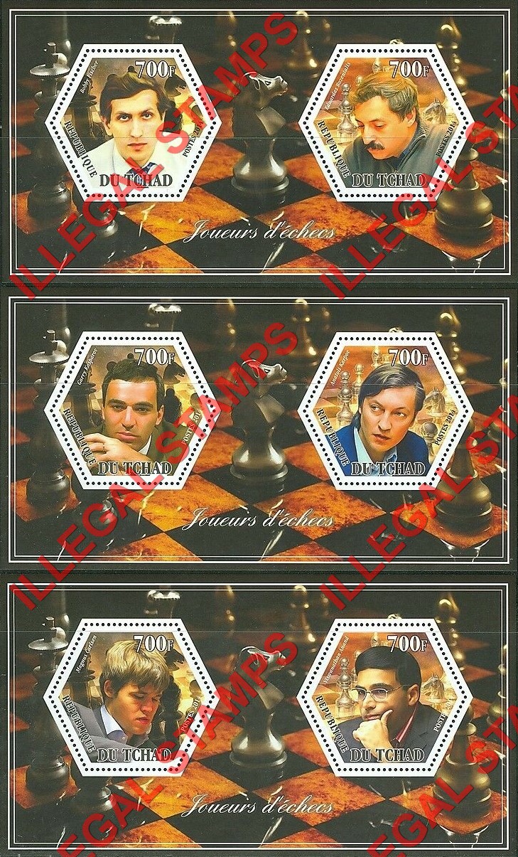 Chad 2014 Chess Masters Illegal Hexagon Stamps in Souvenir Sheets of 2