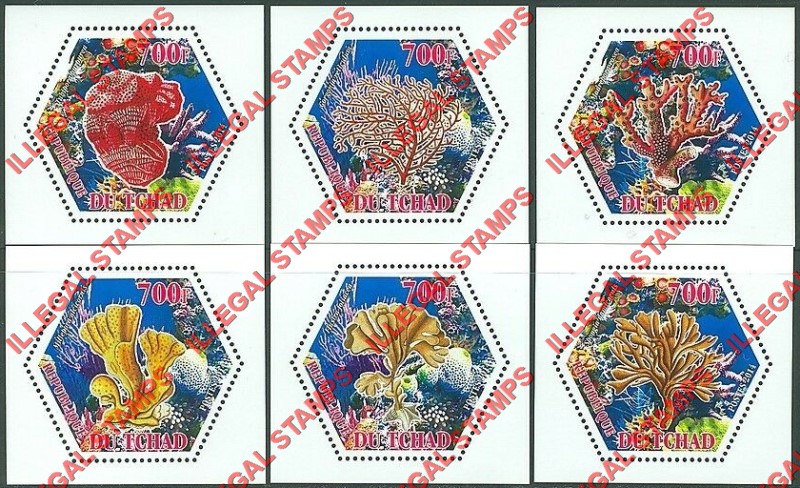 Chad 2014 Coral Illegal Hexagon Stamps in Deluxe Souvenir Sheets of 1