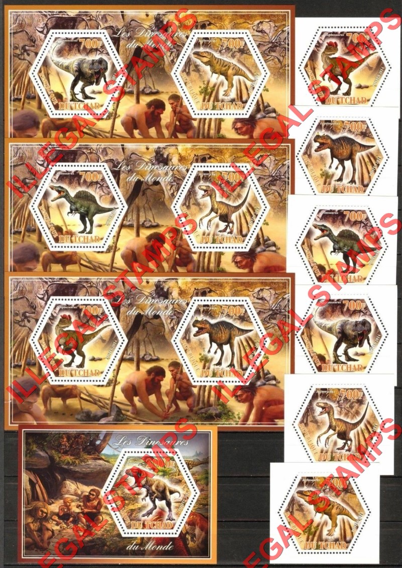 Chad 2014 Dinosaurs Illegal Hexagon Stamps in Souvenir Sheets of 2 and 1 and Deluxe Souvenir Sheets of 1
