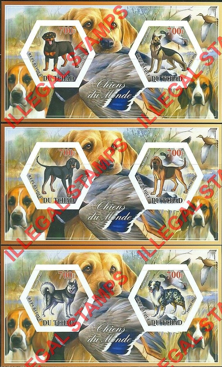 Chad 2014 Dogs Illegal Hexagon Stamps in Souvenir Sheets of 2