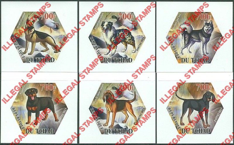 Chad 2014 Dogs Illegal Hexagon Stamps in Deluxe Souvenir Sheets of 1