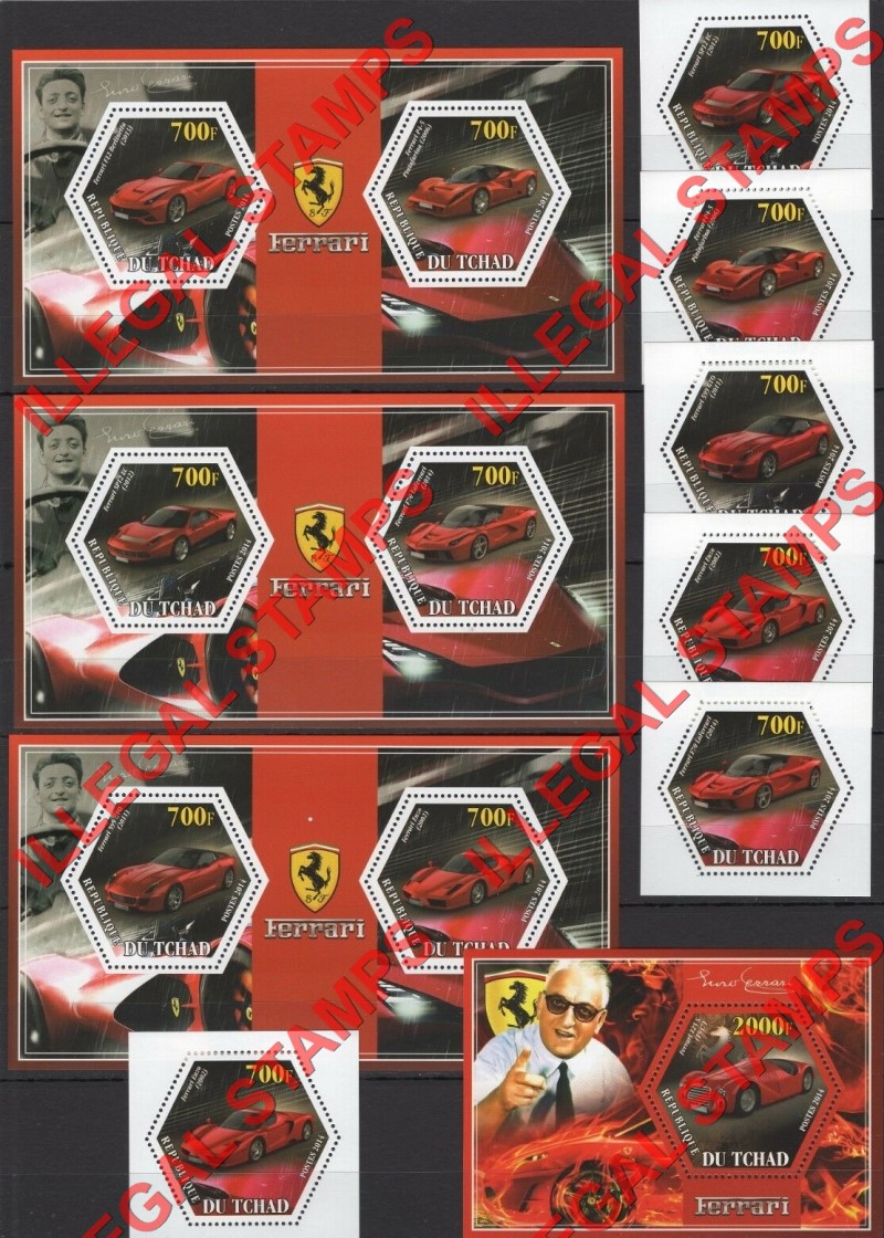 Chad 2014 Ferrari Illegal Hexagon Stamps in Souvenir Sheets of 2 and 1 and Deluxe Souvenir Sheets of 1
