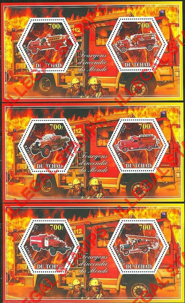 Chad 2014 Fire Engines Trucks Illegal Hexagon Stamps in Souvenir Sheets of 2