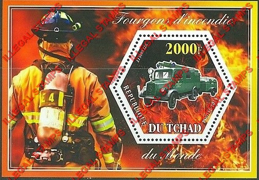 Chad 2014 Fire Engines Trucks Illegal Hexagon Stamps in Souvenir Sheet of 1