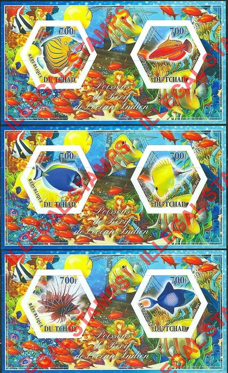 Chad 2014 Indian Ocean Reef Fish Illegal Hexagon Stamps in Souvenir Sheets of 2