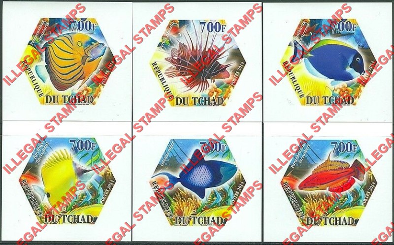Chad 2014 Indian Ocean Reef Fish Illegal Hexagon Stamps in Deluxe Souvenir Sheets of 1