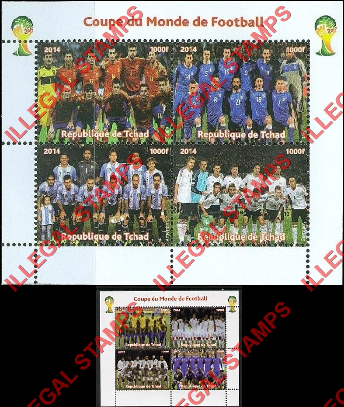 Chad 2014 Football Soccer Illegal Stamps in Souvenir Sheets of 4