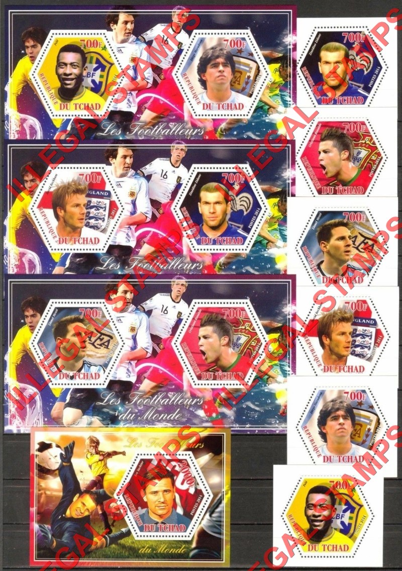Chad 2014 Football Soccer Players Illegal Hexagon Stamps in Souvenir Sheets of 2 and 1 and Deluxe Souvenir Sheets of 1