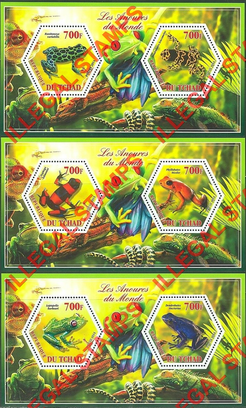 Chad 2014 Frogs Illegal Hexagon Stamps in Souvenir Sheets of 2