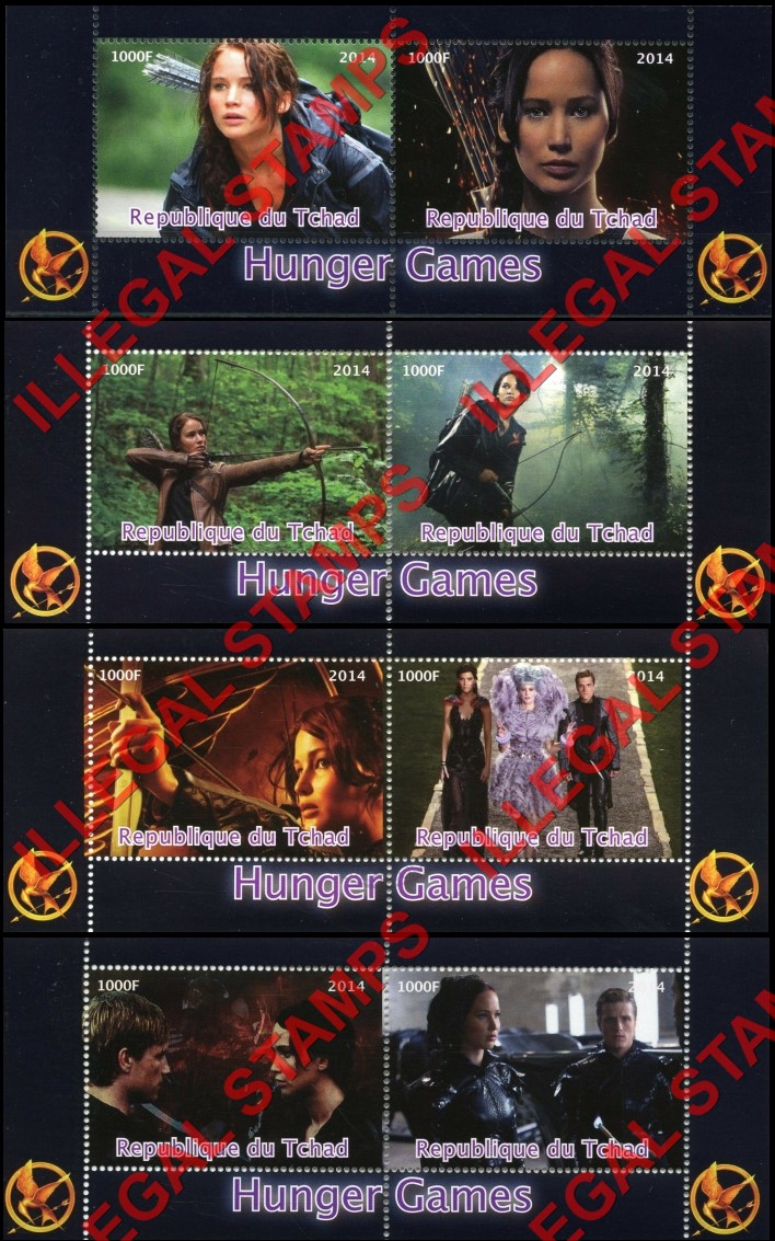Chad 2014 Hunger Games Illegal Stamps in Souvenir Sheets of 2