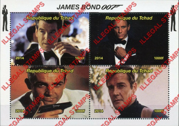 Chad 2014 James Bond Illegal Stamps in Souvenir Sheet of 4