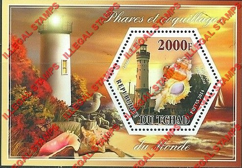 Chad 2014 Lighthouses and Shells Illegal Hexagon Stamps in Souvenir Sheet of 1