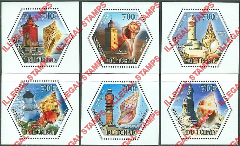 Chad 2014 Lighthouses and Shells Illegal Hexagon Stamps in Deluxe Souvenir Sheets of 1