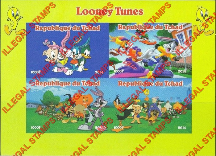 Chad 2014 Looney Tunes Characters Illegal Stamps in Souvenir Sheet of 4