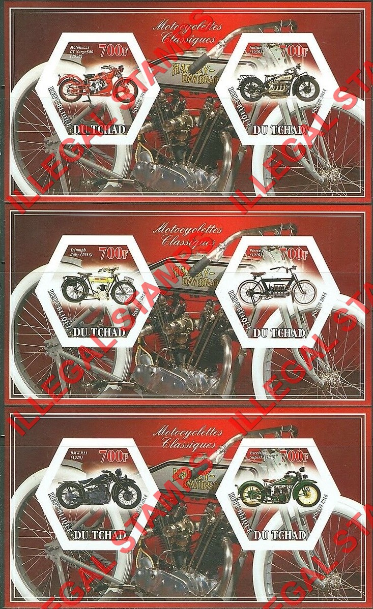 Chad 2014 Classic Motorcycles Illegal Hexagon Stamps in Souvenir Sheets of 2