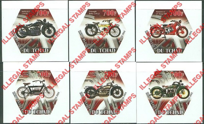 Chad 2014 Classic Motorcycles Illegal Hexagon Stamps in Deluxe Souvenir Sheets of 1