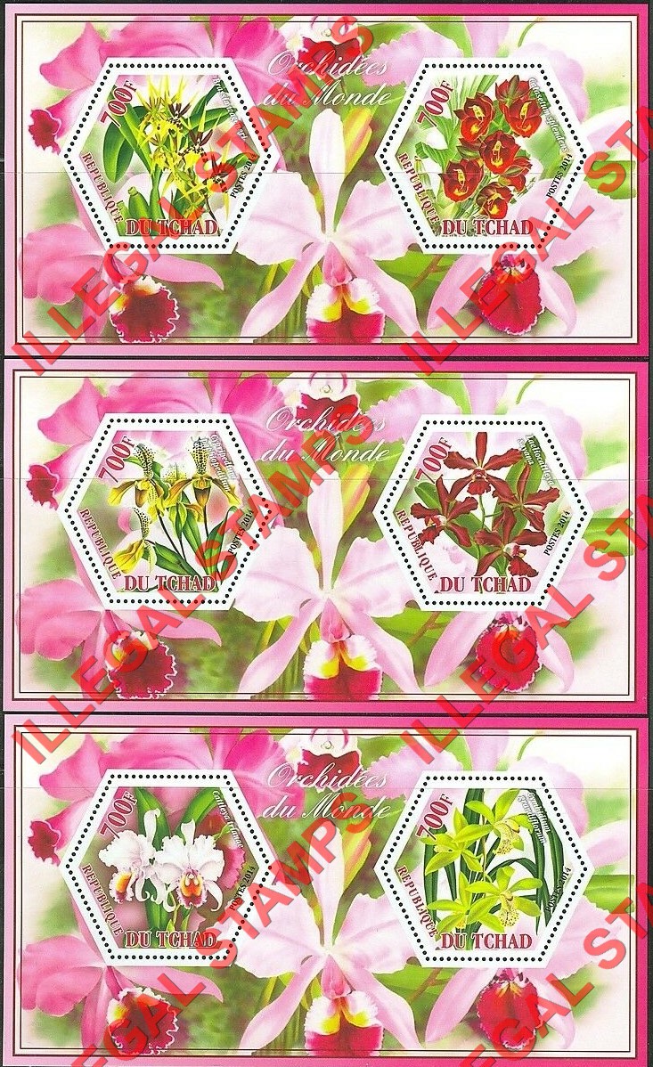 Chad 2014 Orchids Illegal Hexagon Stamps in Souvenir Sheets of 2