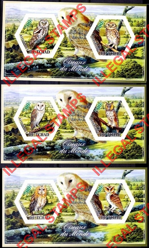 Chad 2014 Owls Illegal Hexagon Stamps in Souvenir Sheets of 2