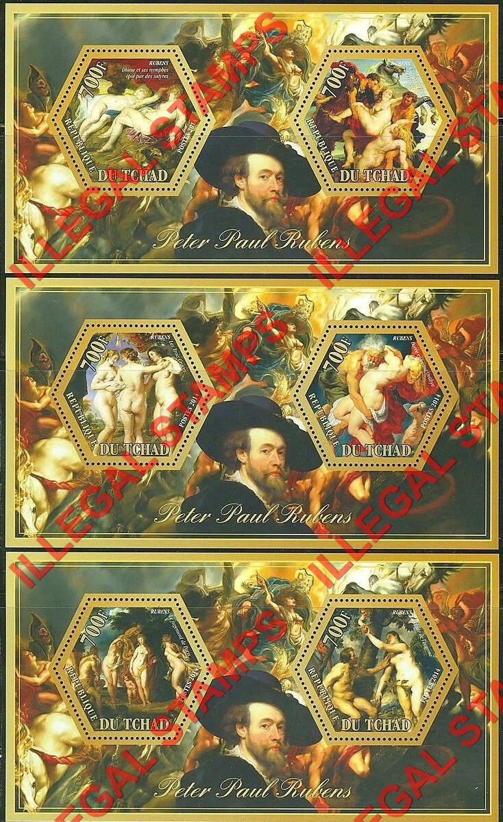Chad 2014 Paintings Peter Paul Rubens Illegal Hexagon Stamps in Souvenir Sheets of 2
