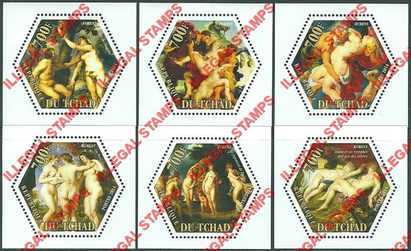 Chad 2014 Paintings Peter Paul Rubens Illegal Hexagon Stamps in Deluxe Souvenir Sheets of 1