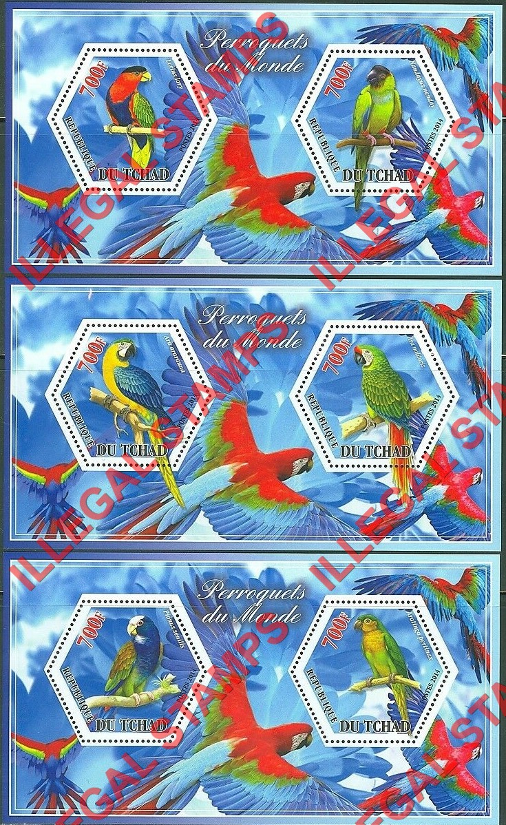 Chad 2014 Parrots Illegal Hexagon Stamps in Souvenir Sheets of 2
