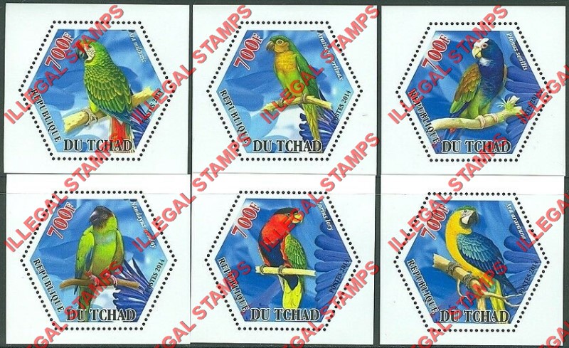Chad 2014 Parrots Illegal Hexagon Stamps in Deluxe Souvenir Sheets of 1