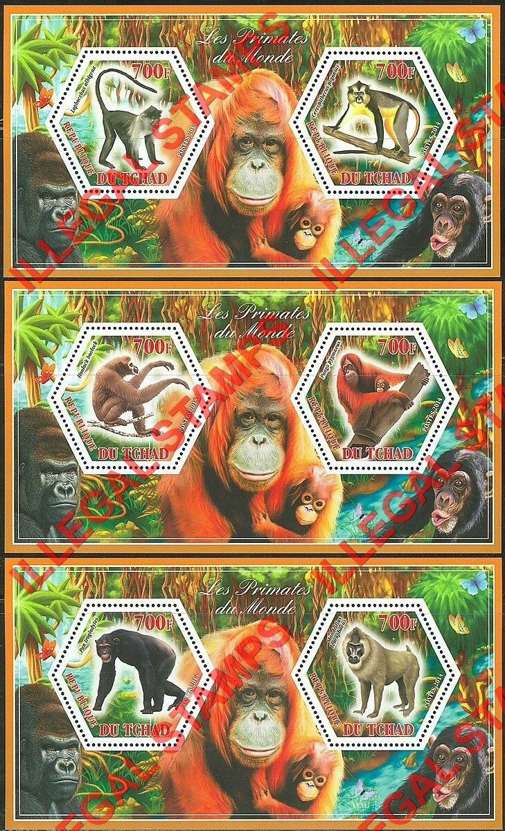 Chad 2014 Primates Illegal Hexagon Stamps in Souvenir Sheets of 2